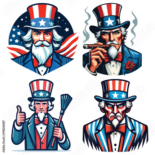 Uncle Sam in various poses vector illustration patriotic colors, ideal for Independence Day banners
