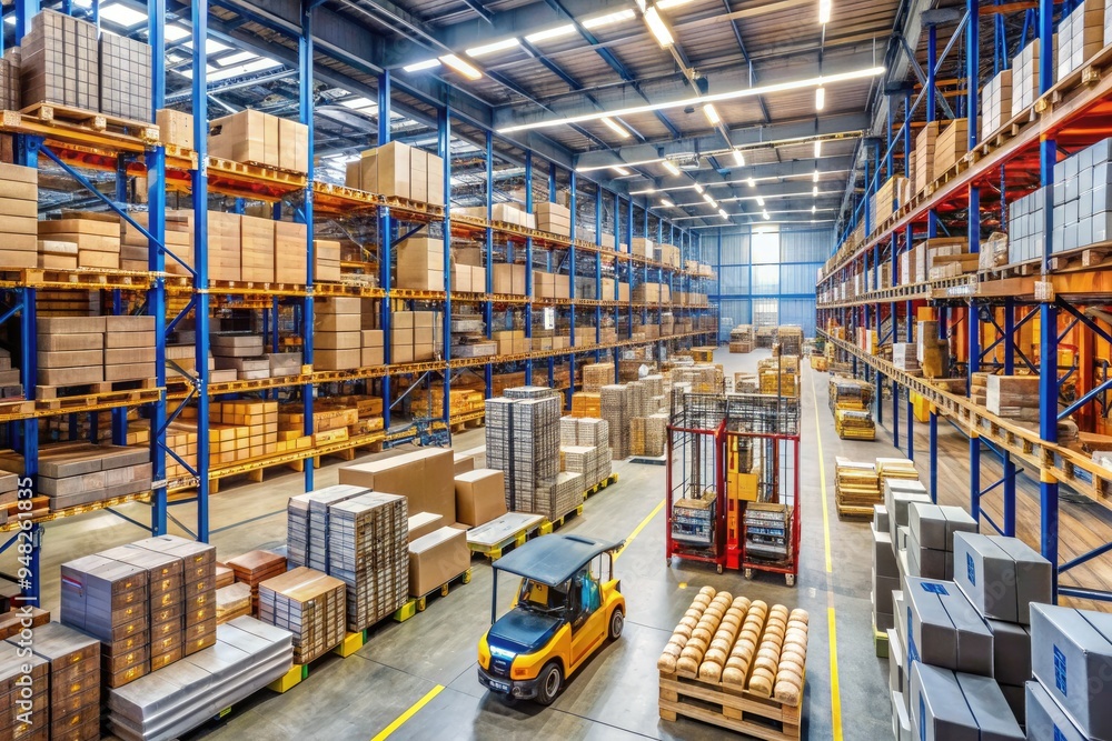 Busy e-commerce warehouse scene with towering shelves of packaged goods, forklifts, and conveyor belts, highlighting the efficient processing and shipping of online orders. Busy e-commerce warehouse scene with towering shelves of packaged goods, forklifts, and conveyor belts, highlighting the efficient processing and shipping of online orders.
