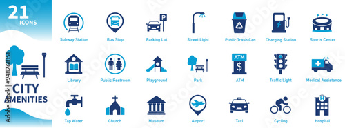 City amenities icon. Collection of icons for parks, charging stations, public works, modernity, public transport. Solid vector icons.