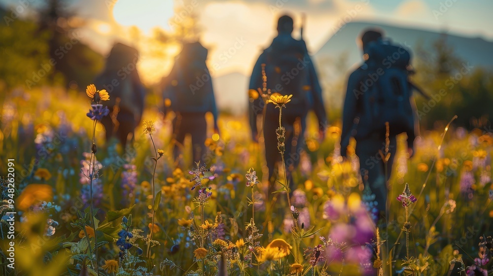 Silhouettes of Hikers in a Field of Wildflowers at Sunset Silhouettes of Hikers in a Field of Wildflowers at Sunset
