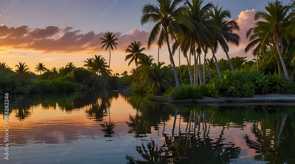 Beautiful tropical beach with palm trees silhouettes at dusk.generative.ai
Beautiful tropical beach with palm trees silhouettes at dusk.generative.ai