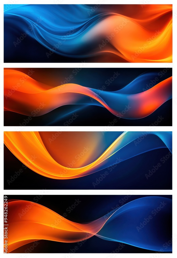 Collection of abstract blue and orange wave patterns, featuring a vibrant mix of colors and dynamic, used for background or social media.