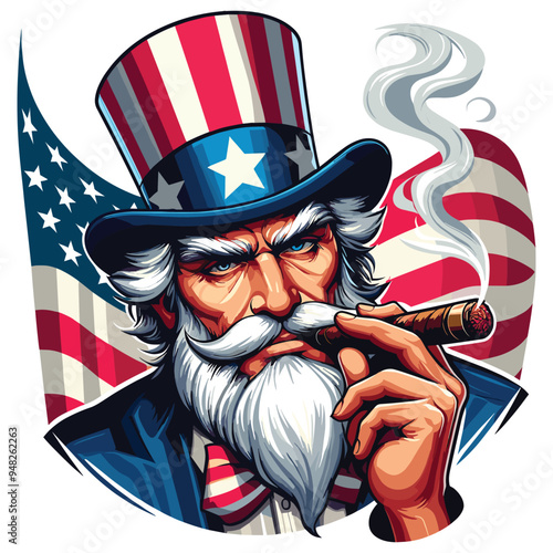 Patriotic man with stern expression smoking cigar against American flag, powerful emblem design