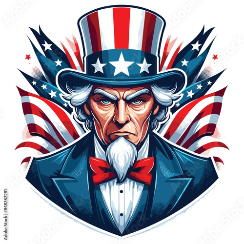 Serious Uncle Sam with American flag background, patriotic illustration, promotional poster