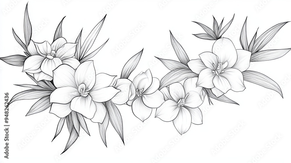 A hand-drawn sketch of a cluster of delicate flowers and leaves, perfect for floral design, greeting cards, invitations, and stationery. A hand-drawn sketch of a cluster of delicate flowers and leaves, perfect for floral design, greeting cards, invitations, and stationery.