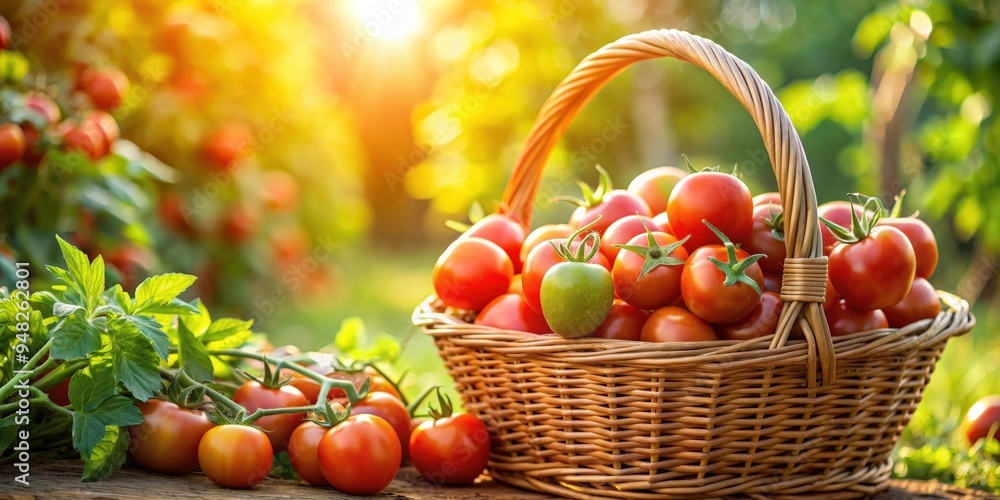 Fresh tomatoes being harvested into a basket in a sunny garden Fresh tomatoes being harvested into a basket in a sunny garden