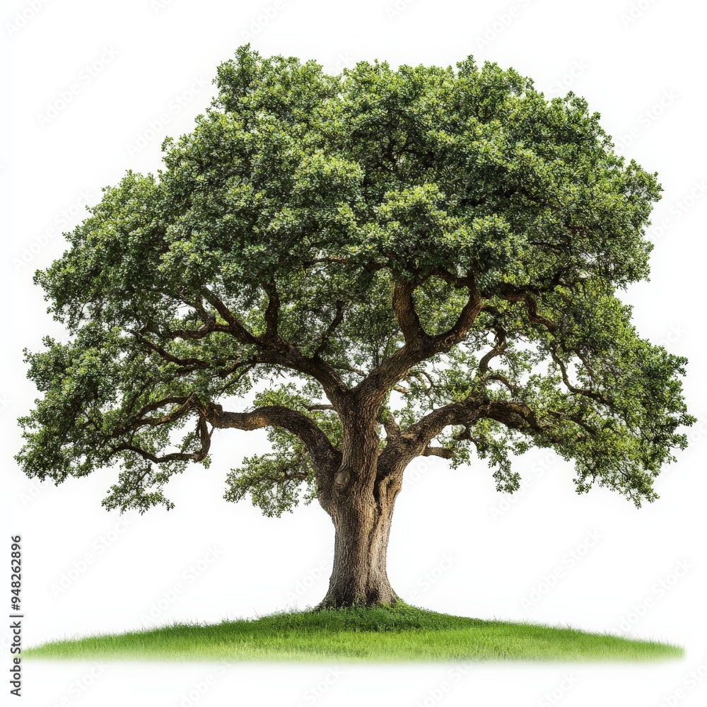 Obraz premium Large Oak Tree with Green Leaves Isolated on White Background.