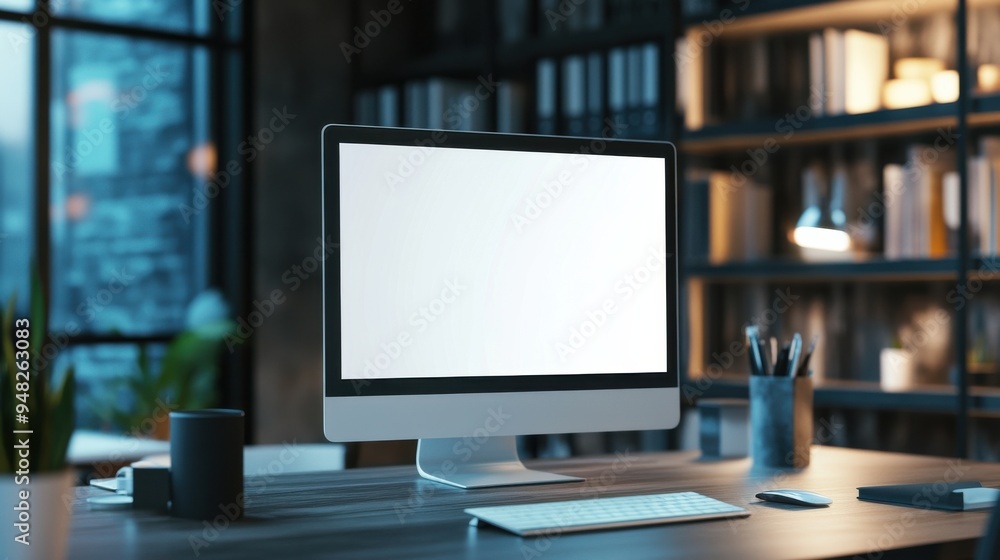 A minimalistic workspace featuring a blank computer screen on a desk. A minimalistic workspace featuring a blank computer screen on a desk.