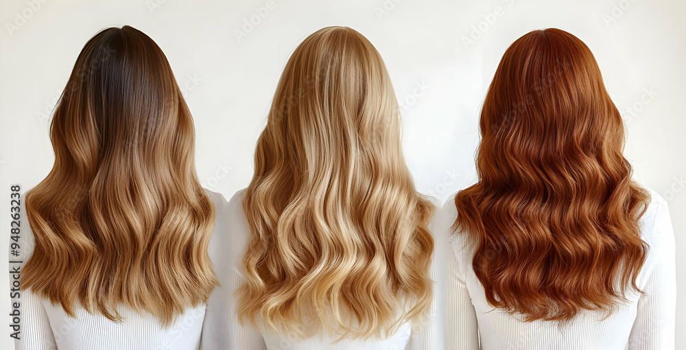 Three Women with Different Hair Colors and Styles Long Wavy Hair Brunette Blonde Redhead Three Women with Different Hair Colors and Styles Long Wavy Hair Brunette Blonde Redhead