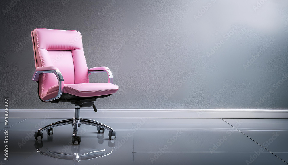 ピンク色のレザーオフィスチェアが映し出されています。椅子は広々とした無地の空間に配置され、光沢のある床が椅子の反射を映しています。ピンクの色調が柔らかさとスタイリッシュさを兼ね備えた、現代的で洗練されたデザインを際立たせています。generative AI