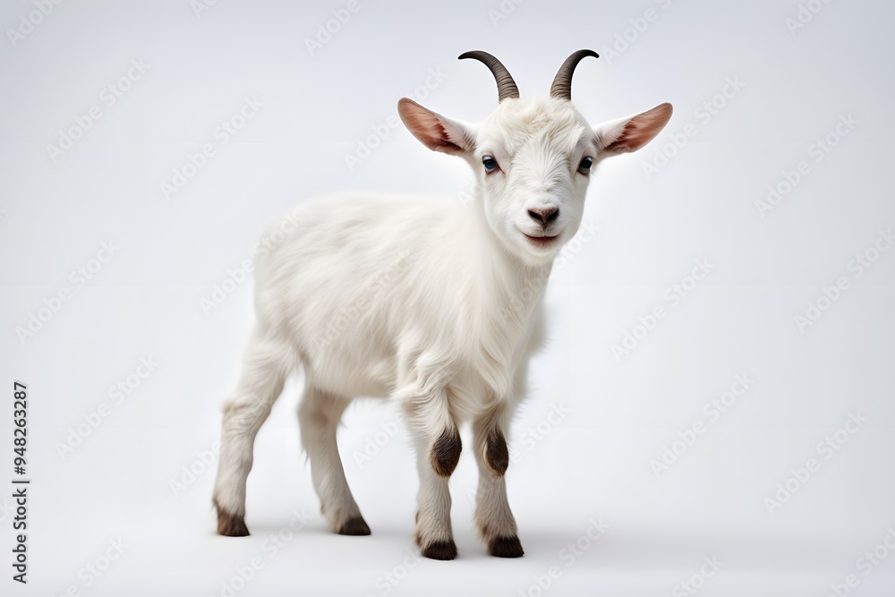 Fototapeta premium A small white goat kid with tiny horns standing on a white background, AI Generated