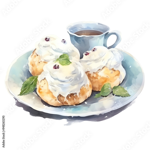 Watercolor painting of fluffy scones with cream and mint leaves on a plate, accompanied by a cup of coffee.