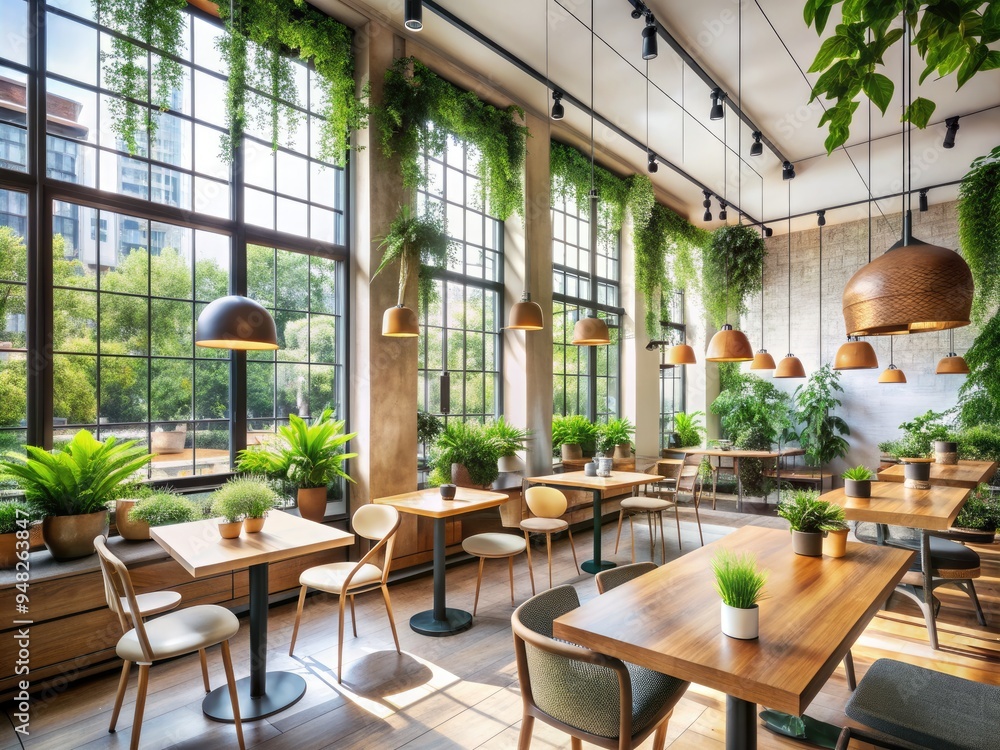 Bright and airy city cafe interior with sleek decor, minimalist tables, and lush greenery, flooded with natural light pouring in through expansive windows. Bright and airy city cafe interior with sleek decor, minimalist tables, and lush greenery, flooded with natural light pouring in through expansive windows.