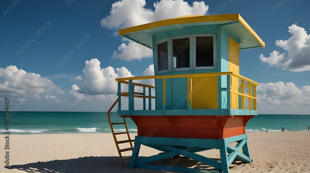Fototapeta premium Vibrant sunny view of lifeguard tower painted pastel.generative.ai