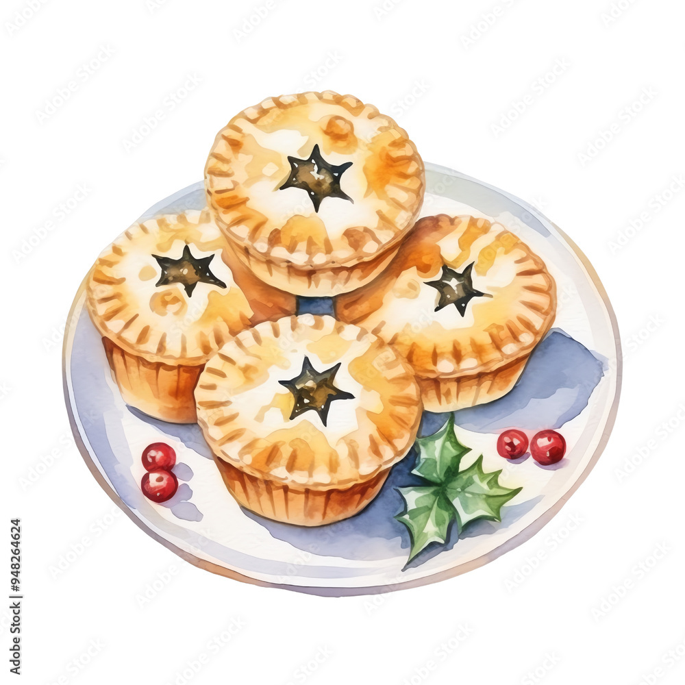 Plate of delicious mince pies decorated with holly and cranberries, perfect for Christmas or holiday celebrations. Plate of delicious mince pies decorated with holly and cranberries, perfect for Christmas or holiday celebrations.