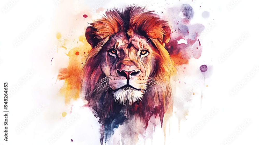 Fototapeta vibrant water color lion face in angry mood illustration. ai generative.
