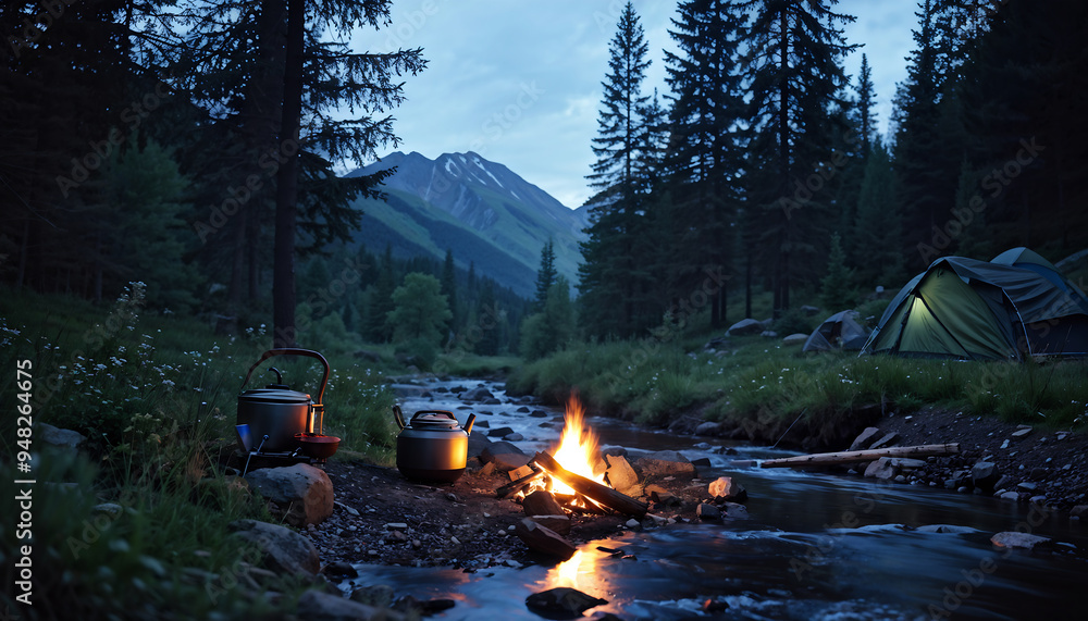 Camping in the mountains in the forest, dusk. There is a stream nearby .Bonfire with cauldron. Without people Camping in the mountains in the forest, dusk. There is a stream nearby .Bonfire with cauldron. Without people