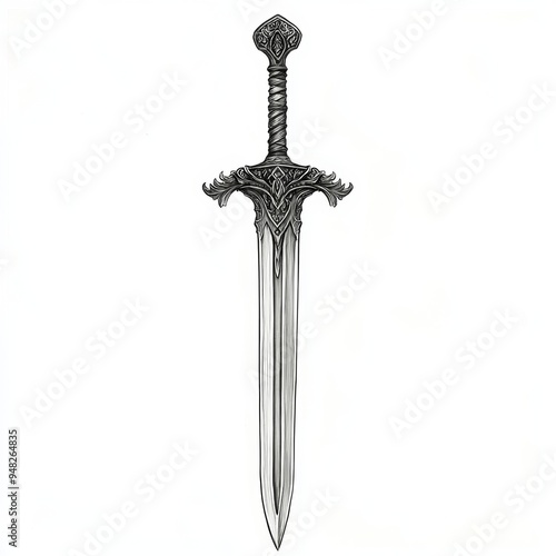 A sketch of a medieval sword with intricate hilt, classic weapon, pencil drawing style, isolated on white background photo