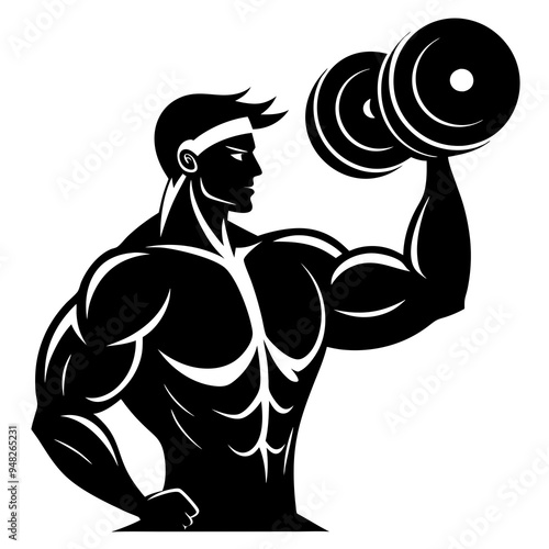 Bodybuilder lifting dumbbell silhouette, Fitness icon vector illustration for gym