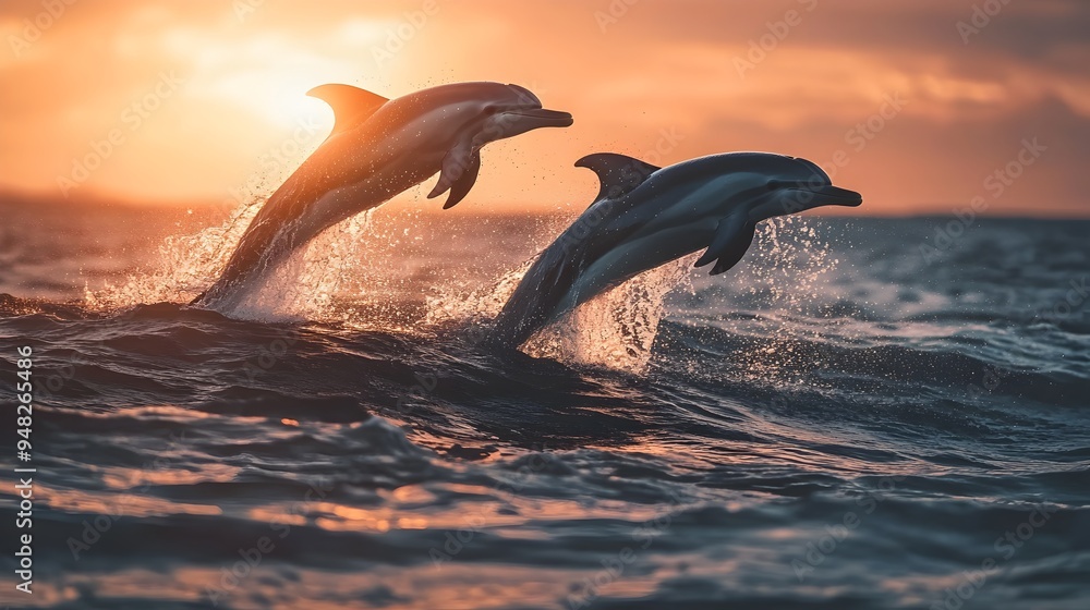 Fototapeta premium Playful Dolphins Leaping Through Sunset Waves