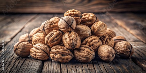 A rustic still life of a handful of walnuts on a wooden background