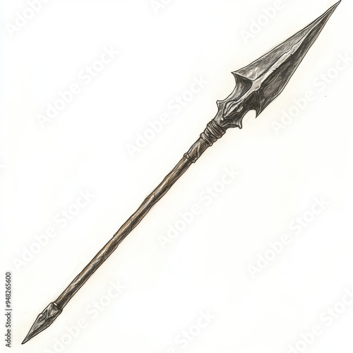 A sketched depiction of a spear with a pointed tip, ancient weaponry, rough pencil lines, isolated on white background photo