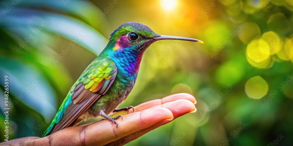 Fototapeta premium Vibrant hummingbird with iridescent feathers perches delicately on outstretched finger, surrounded by lush green foliage, soft focus background, and warm natural light.