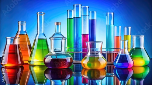 Vibrant laboratory glassware, including bottles and flasks, filled with rainbow-hued liquids, arranged artfully on a bright blue background, evoking a sense of scientific discovery.