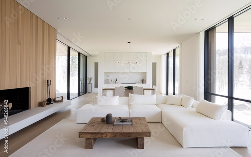 Modern Minimalist Living Room: A serene and sophisticated minimalist living room with a white sectional sofa, wooden coffee table, and fireplace. Large windows flood the space with natural light, cre