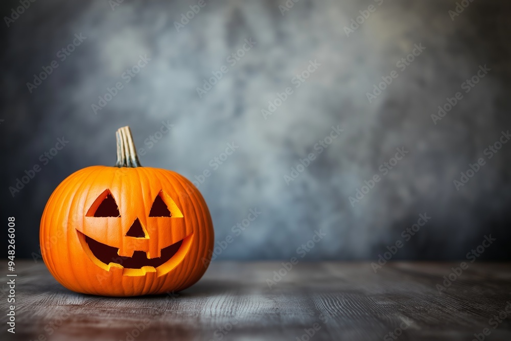 A single Jack-o'-lantern carved with a smiling face sits on a wooden floor against a neutral blurred background. A single Jack-o'-lantern carved with a smiling face sits on a wooden floor against a neutral blurred background.
