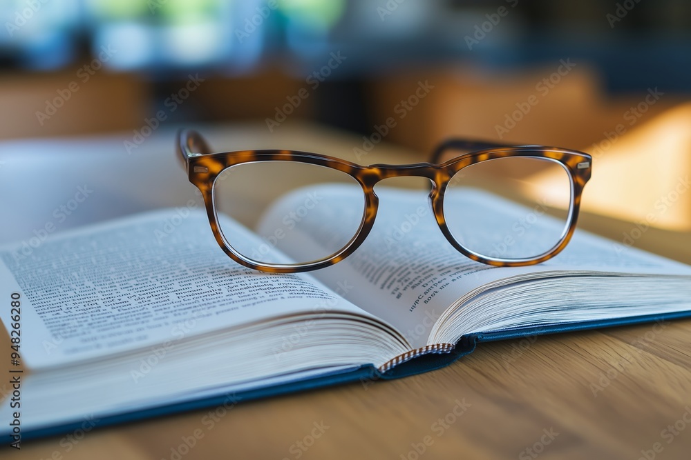 Open book with a pair of eyeglasses resting on it, set on a wooden table, symbolizing knowledge and learning. Open book with a pair of eyeglasses resting on it, set on a wooden table, symbolizing knowledge and learning.