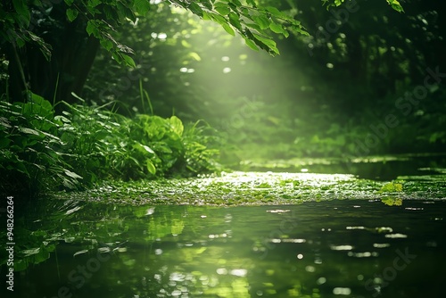 Tranquil image captures a serene forest creek, surrounded by lush green foliage under soft sunlight filtering through trees.