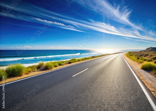 Serene empty asphalt road stretches towards the horizon, flanked by a tranquil beach with gentle waves, under a breathtakingly clear blue sky with ample copy space.