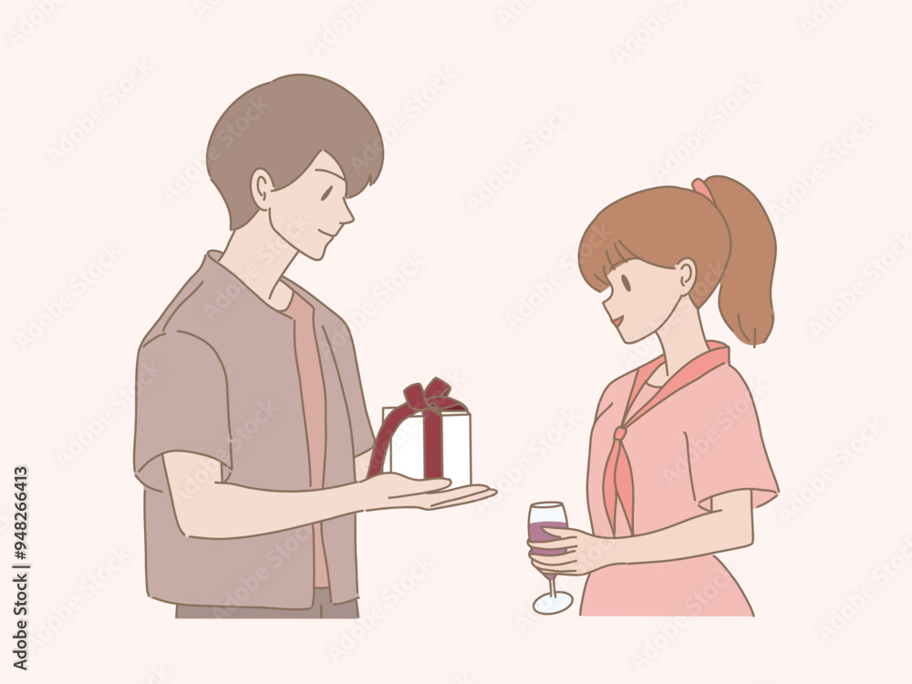 Young man holding gift box, young woman holding glass of drinks. Romantic man giving present to girlfriend. Hand drawn flat cartoon character vector illustration. Young man holding gift box, young woman holding glass of drinks. Romantic man giving present to girlfriend. Hand drawn flat cartoon character vector illustration.