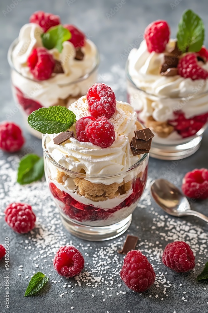 Beautiful raspberry trifle served in glass cups, layered with whipped cream and chocolate chunks, topped with a mint sprig. Beautiful raspberry trifle served in glass cups, layered with whipped cream and chocolate chunks, topped with a mint sprig.