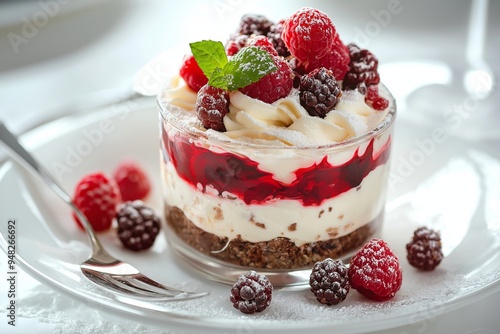 A layered dessert featuring cream, berries, and nuts in a glass cup, topped with a mint leaf on a white plate.