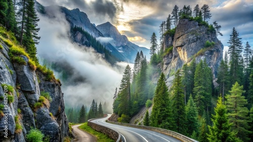 Serene winding mountain road snakes through towering evergreen trees and rugged rocky cliffs, surrounded by misty fog, in a majestic alpine landscape. photo