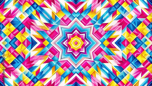 Vibrant, intersecting geometric shapes in bright pink, blue, and yellow hues create a mesmerizing, abstract pattern on a clean, white background, perfect for design elements.