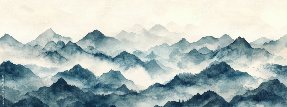Watercolor illustration of hand drawn mountains on a vintage background Traditional oriental ink painting style Watercolor illustration of hand drawn mountains on a vintage background Traditional oriental ink painting style