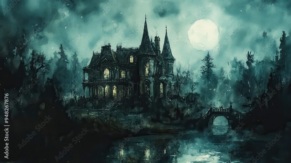 Gothic mansion, deep shadows, eerie atmosphere, Romanticism-inspired Halloween, Watercolor style Gothic mansion, deep shadows, eerie atmosphere, Romanticism-inspired Halloween, Watercolor style