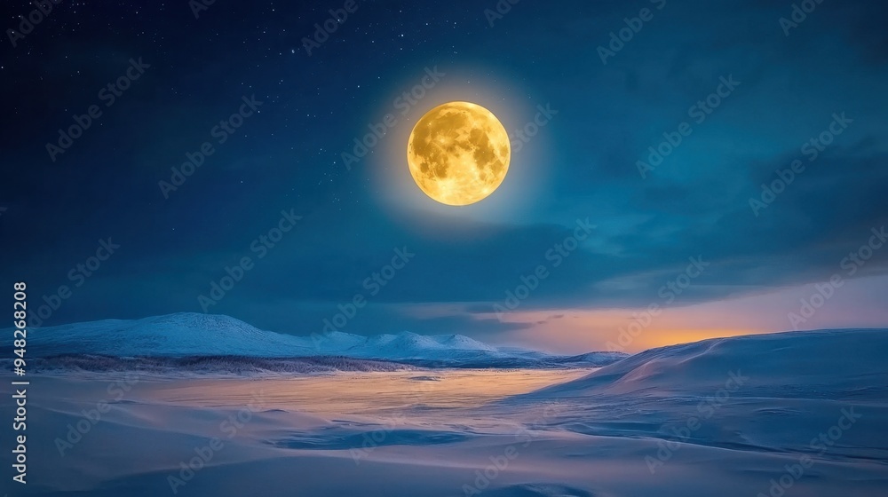 A clear night sky with a full moon shining over a snow-covered landscape A clear night sky with a full moon shining over a snow-covered landscape