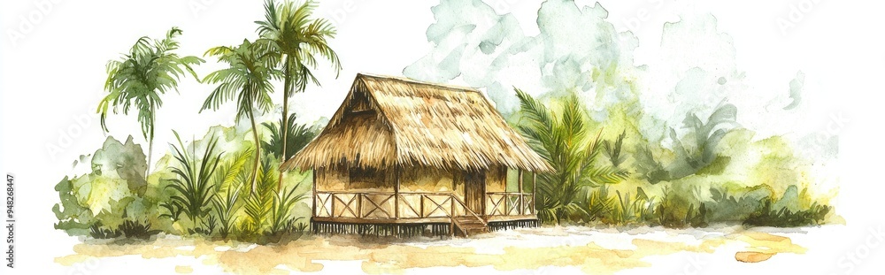 Watercolor illustration of a traditional hut Watercolor illustration of a traditional hut