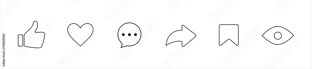 Like comment share and save icon outline. general social media user interface icon set. Editable stroke vector illustration Like comment share and save icon outline. general social media user interface icon set. Editable stroke vector illustration