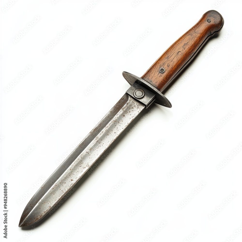 A bayonet with a wooden handle, military weapon, soft sepia tones, isolated on white background A bayonet with a wooden handle, military weapon, soft sepia tones, isolated on white background