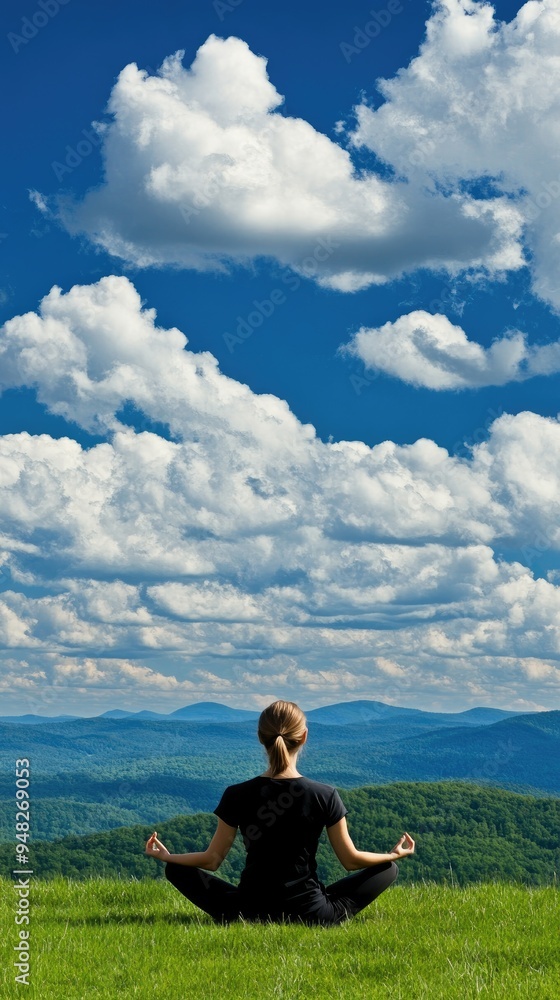A woman is meditating in the lotus position atop a mountain, surrounded by stunning clouds and peaks, embodying tranquility during a serene sunrise A woman is meditating in the lotus position atop a mountain, surrounded by stunning clouds and peaks, embodying tranquility during a serene sunrise
