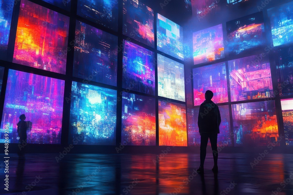 Sell A digital art auction where NFTs are being sold, with colorful digital assets displayed on large screens Sell A digital art auction where NFTs are being sold, with colorful digital assets displayed on large screens
