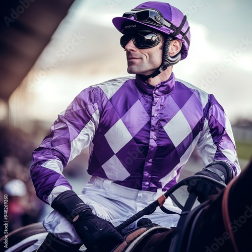 Dynamic Jockey Preparing for Race: AI-Generated Scene of Equestrian Sport on Vibrant Racetrack. Capturing Anticipation and Excitement of Horse Racing, Perfect for Sports Marketing, Outdoor Activities, photo