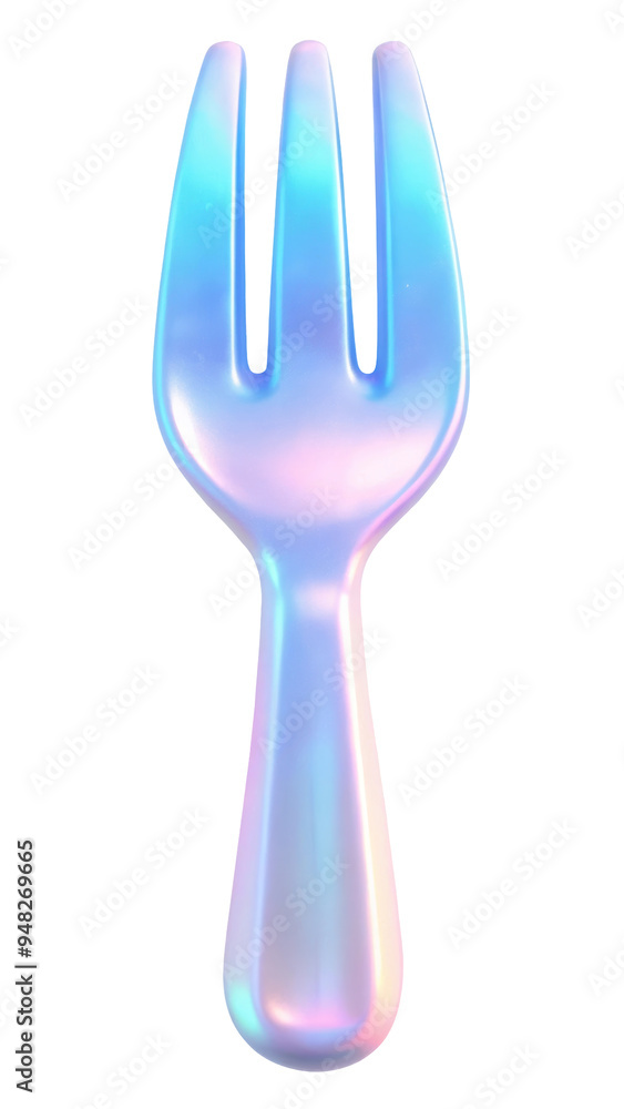 Fototapeta premium Iridescent 3d plastic fork with three prongs, showcasing a shimmering gradient of pastel colors. Isolated on transparent background, png.