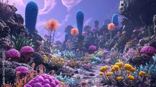 Cultivating a garden on an alien planet, where plants grow in bizarre, unexpected shapes and colors photo