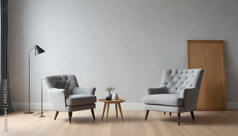 A gray tufted armchair in a minimalist living room with white walls and wooden floors. A gray tufted armchair in a minimalist living room with white walls and wooden floors.